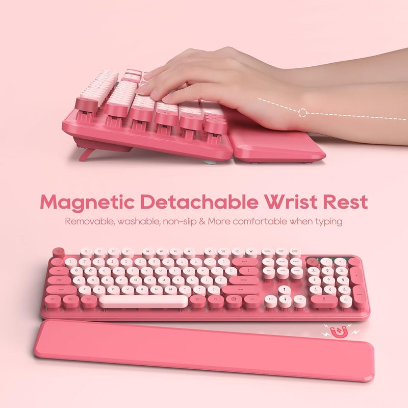 SABLUTE Wireless Keyboard and Mouse Combo - Round Keycaps, Full-Size Retro Typewriter Keyboard with Detachable Wrist Rest, Sleep Mode & Tilt Legs, 2.4GHz Cordless Connection for Mac/Windows/PC (Hot Pink) - Image 2